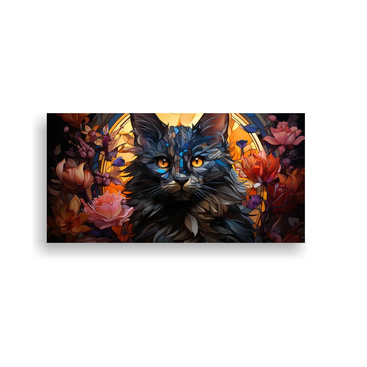 Cuadro gato negro de ojos ámbar entre flores y follaje