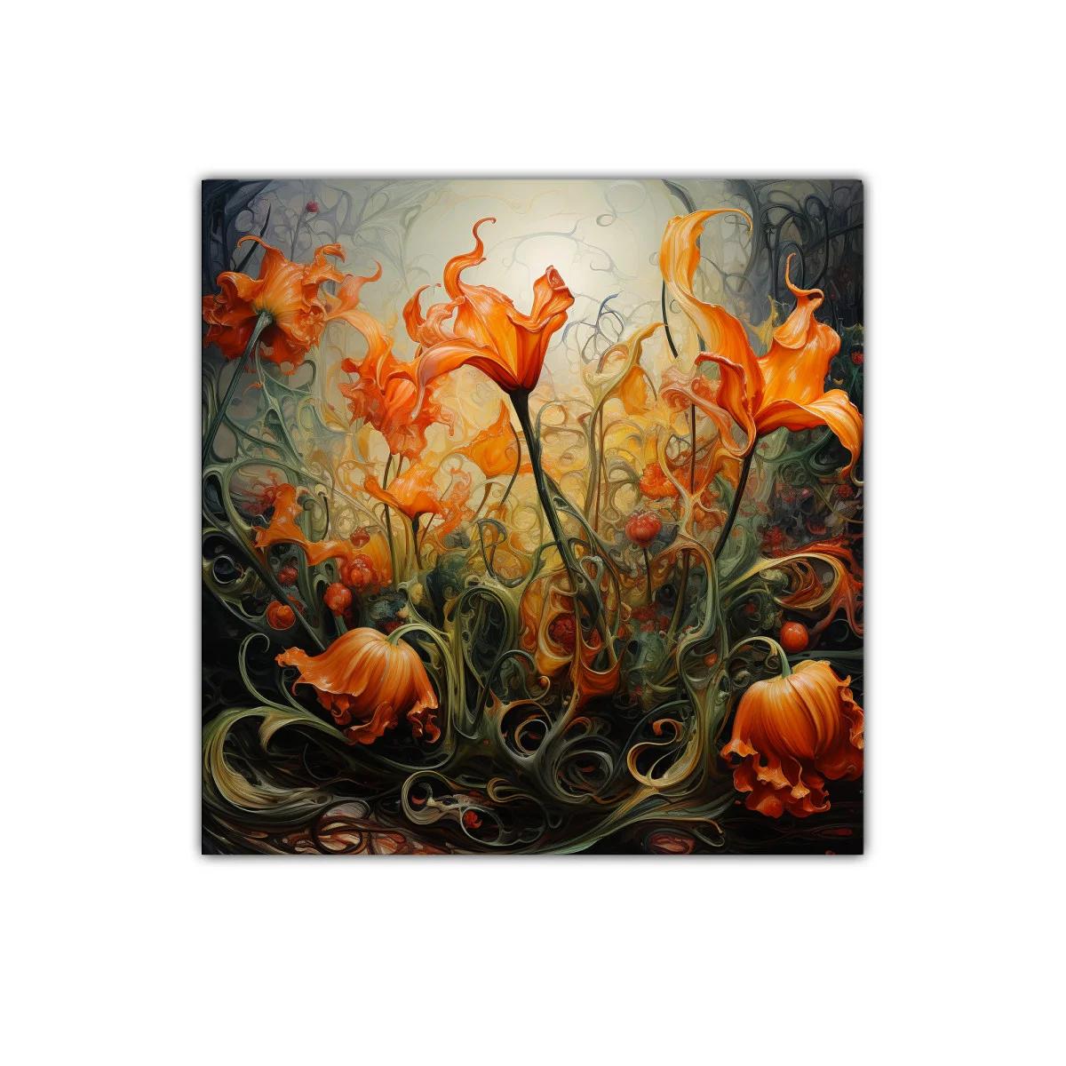 Cuadro decorativo con flores anaranjadas vibrantes y formas orgánicas — imagen principal