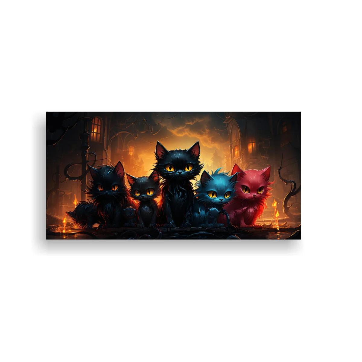 Cuadro grupo de gatos brillantes con fondo de fuego