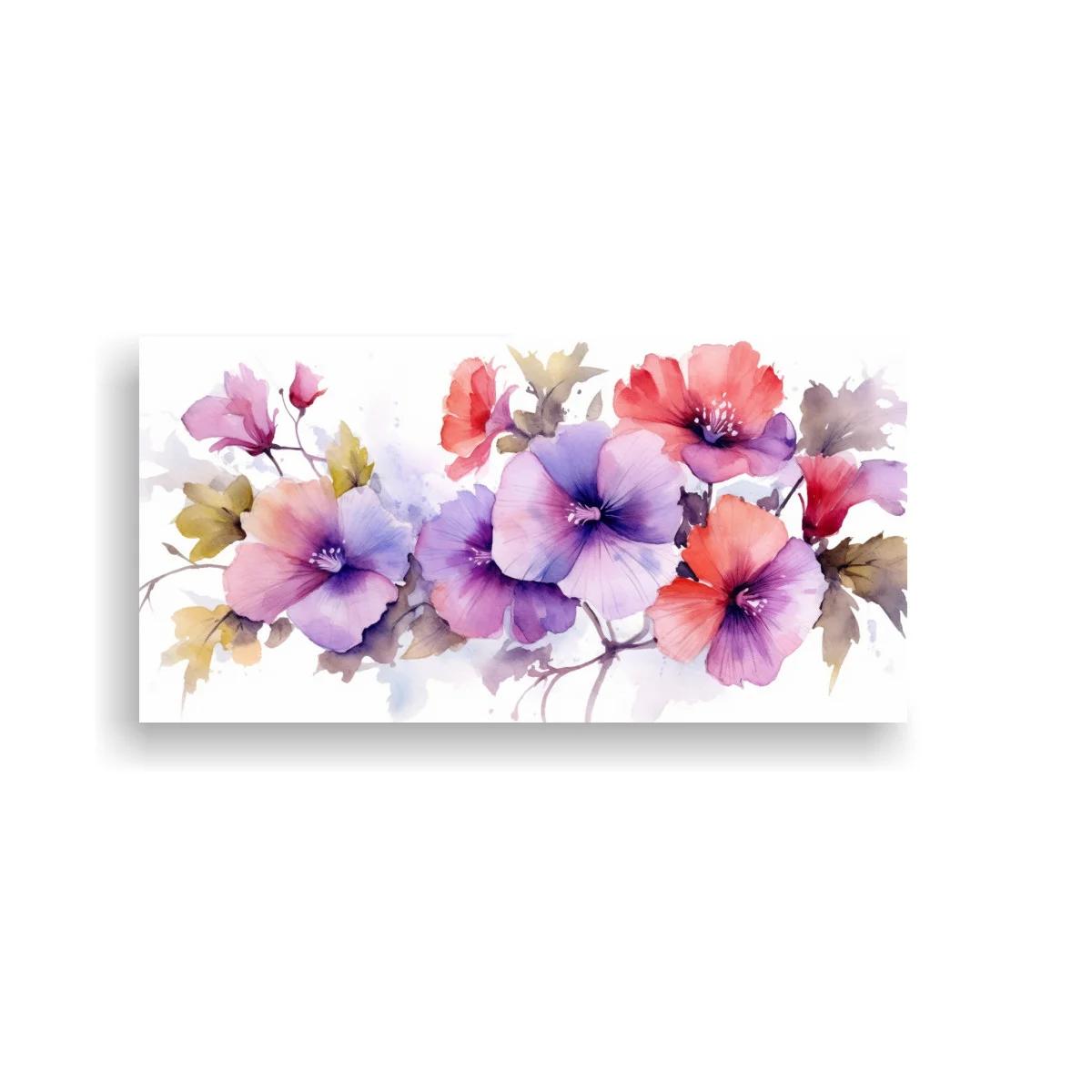 Cuadro flores tipo hibisco en acuarela con pétalos rosa y violeta