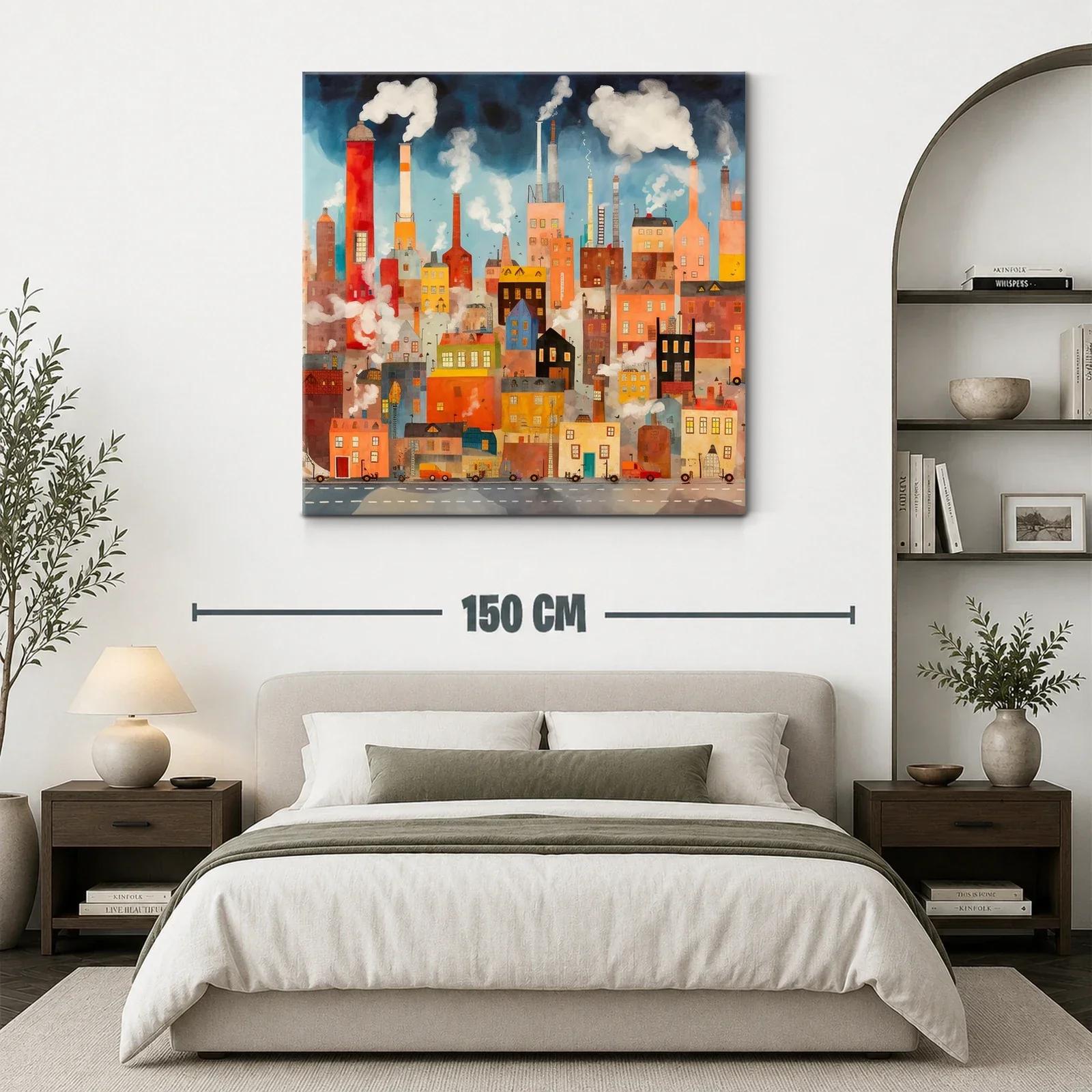 Ciudad industrial con chimeneas y humo en tonos cálidos — miniatura 3