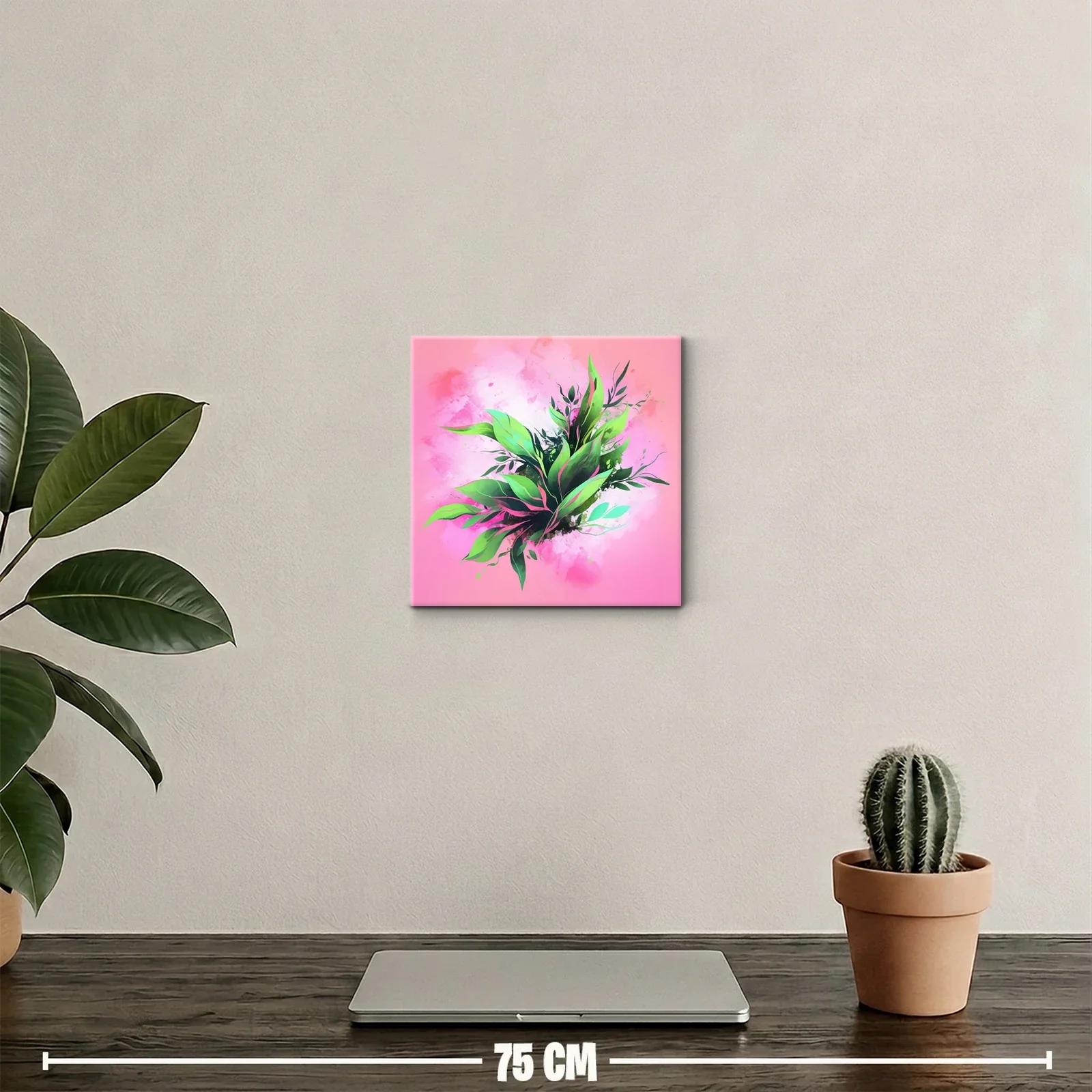 Cuadro decorativo con hojas verdes sobre fondo rosa vibrante — miniatura 2