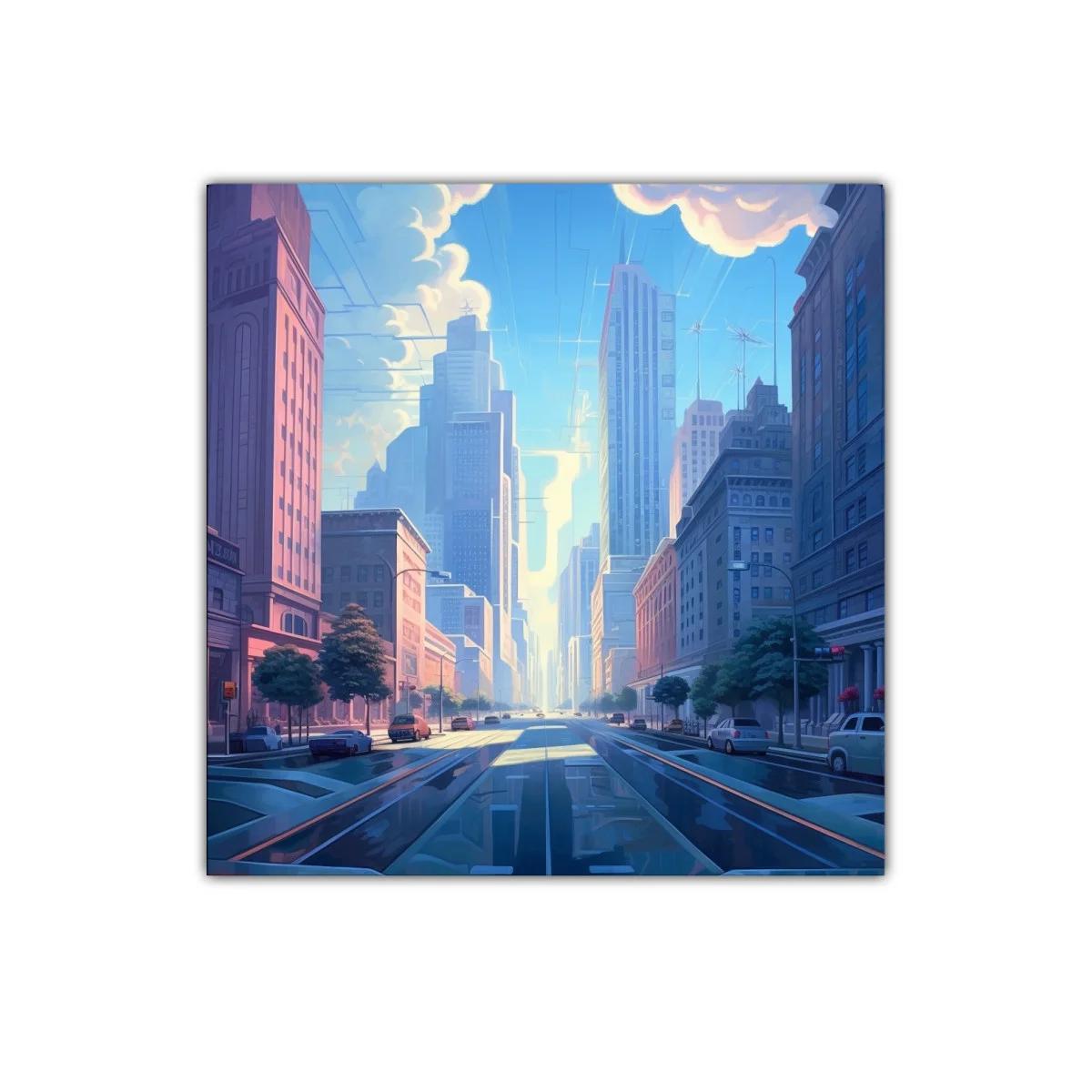 Atardecer urbano con calles iluminadas y rascacielos