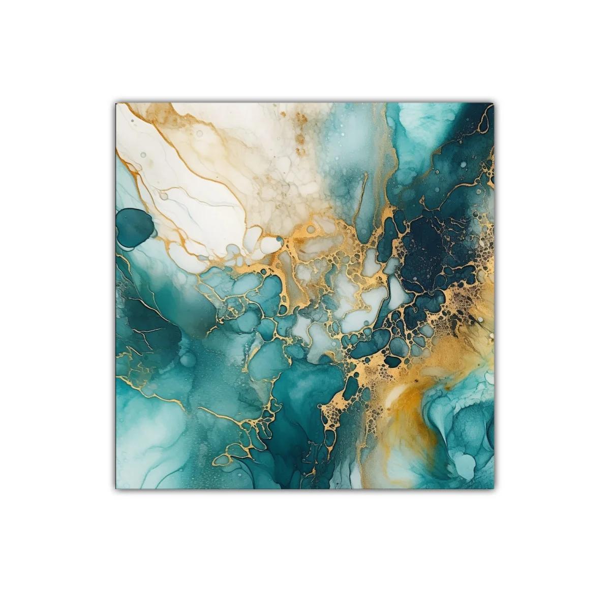 Cuadro abstracto con tonos turquesa y dorado brillante