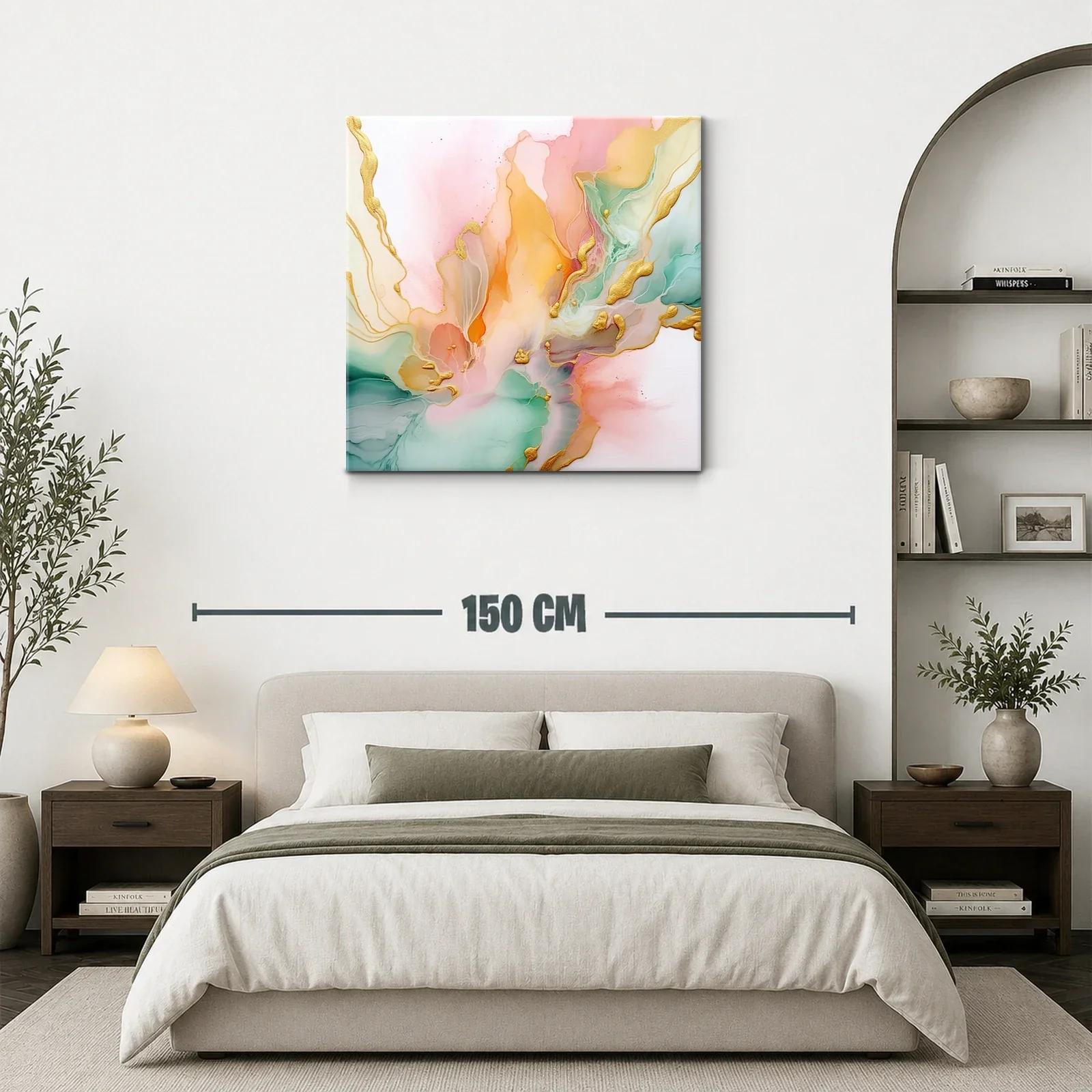 Cuadro abstracto con tonos pastel y detalles dorados — miniatura 3