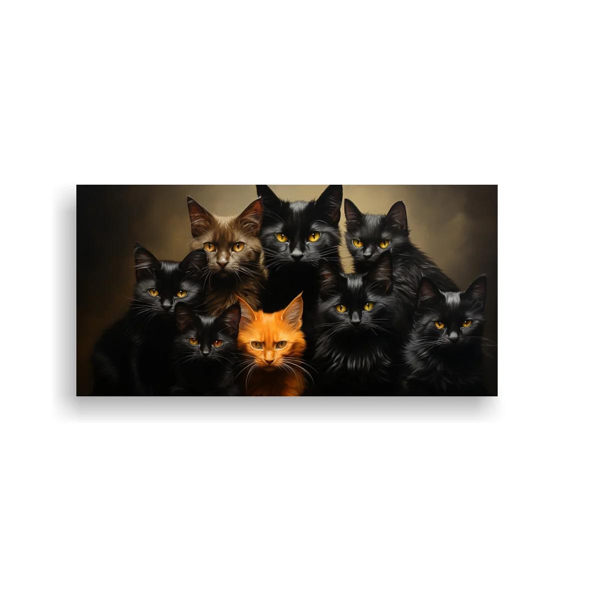 Cuadro grupo de gatos negros con un gato naranja