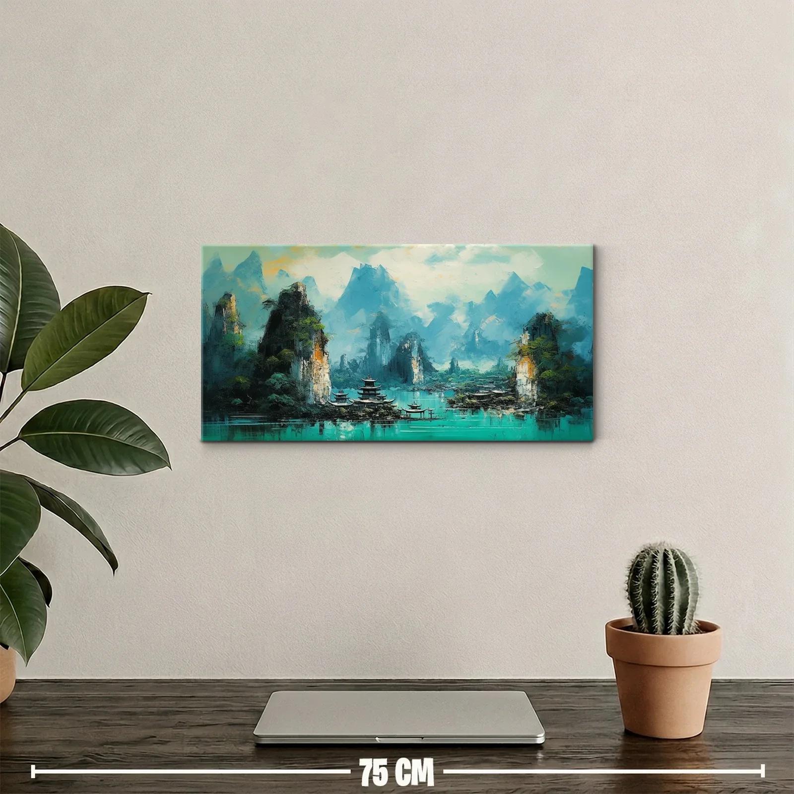 Cuadro paisaje montañoso con pagoda junto al agua — miniatura 2