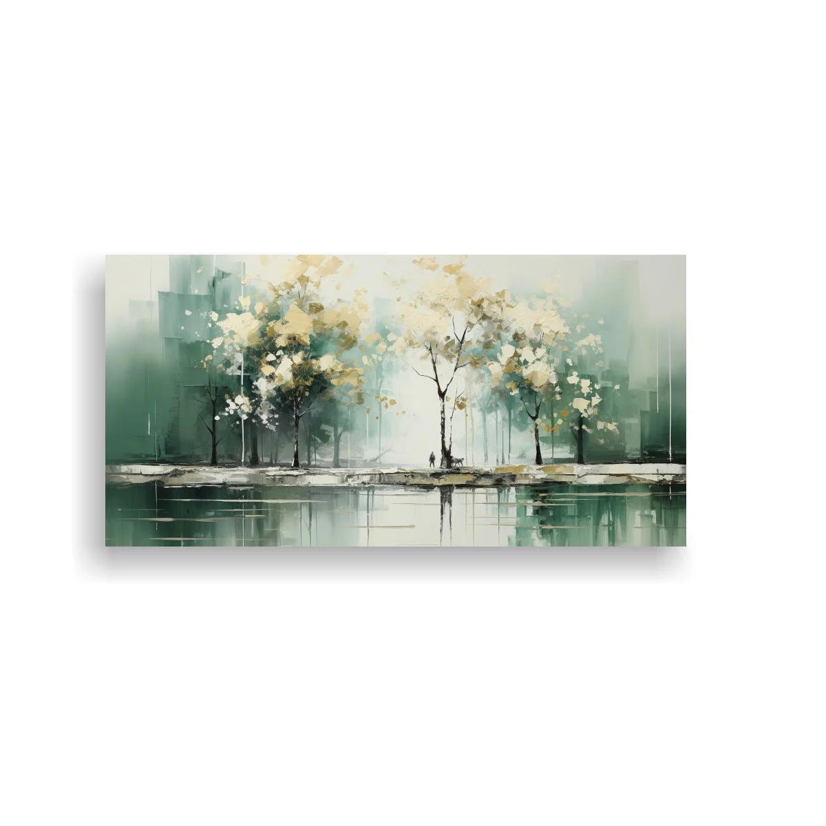 Cuadro bosque de árboles con flores blancas y reflejo en el agua