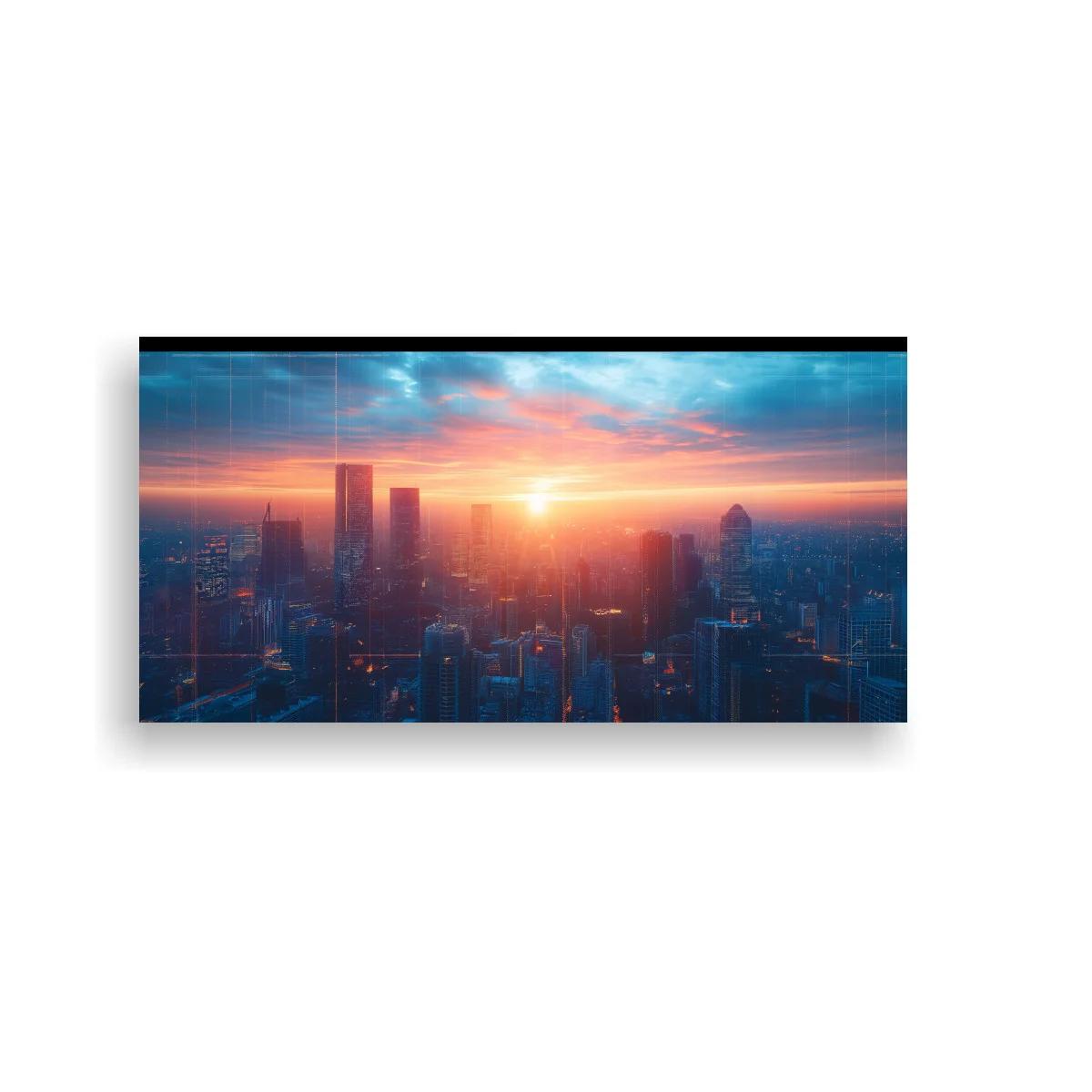 Cuadro skyline urbano al atardecer con sol dorado