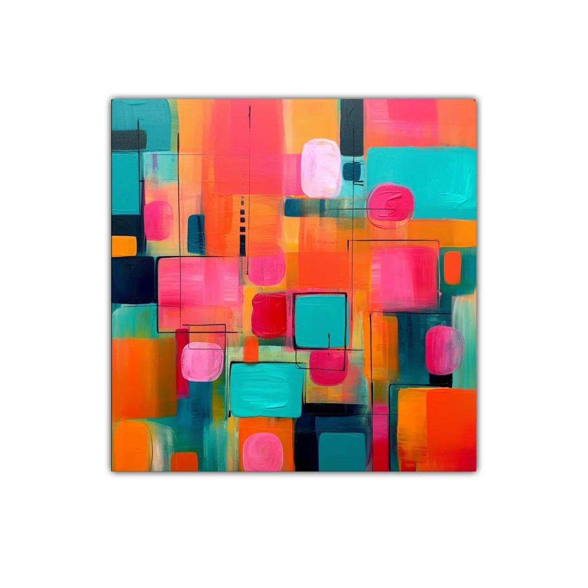 Cuadro abstracto vibrante tonos rosa turquesa y naranja — imagen principal