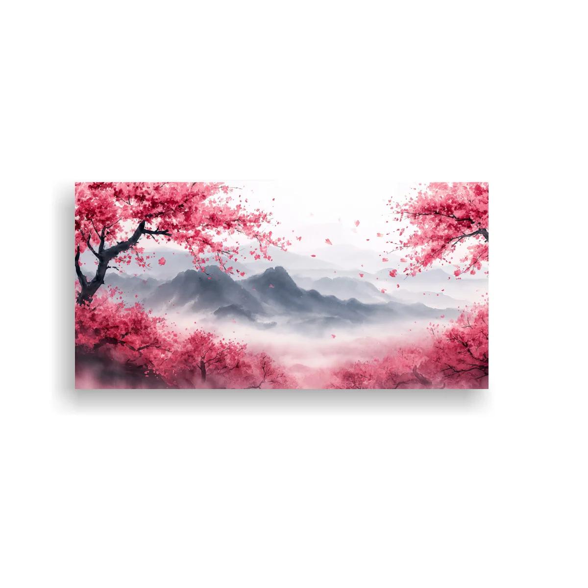 Cuadro paisaje con cerezos en flor y cordillera difusa — imagen principal