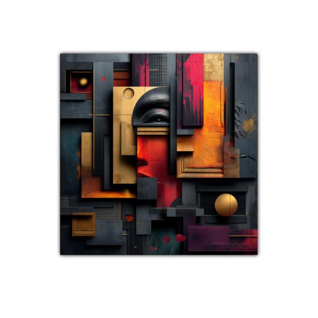 Composición abstracta con rostro y geometría en tonos cálidos