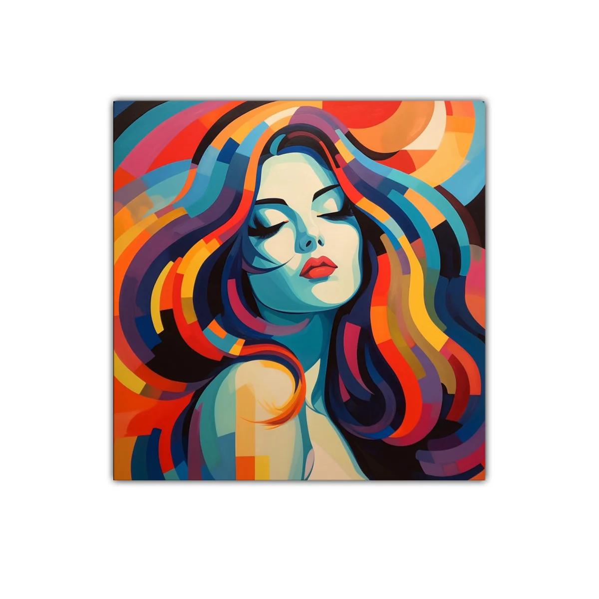 Retrato femenino con dinamismo y colores intensos — imagen principal