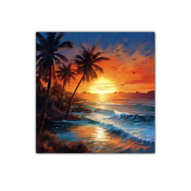 Atardecer en la playa con palmeras y olas en calma