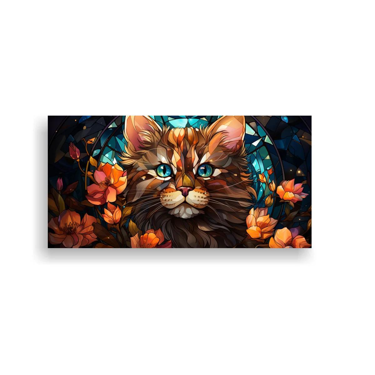 Cuadro gato atigrado de ojos azules con fondo de vidriera