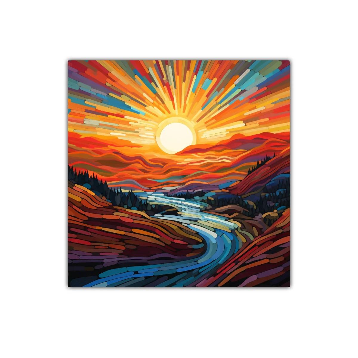Paisaje vibrante con río y sol radiante al amanecer — imagen principal
