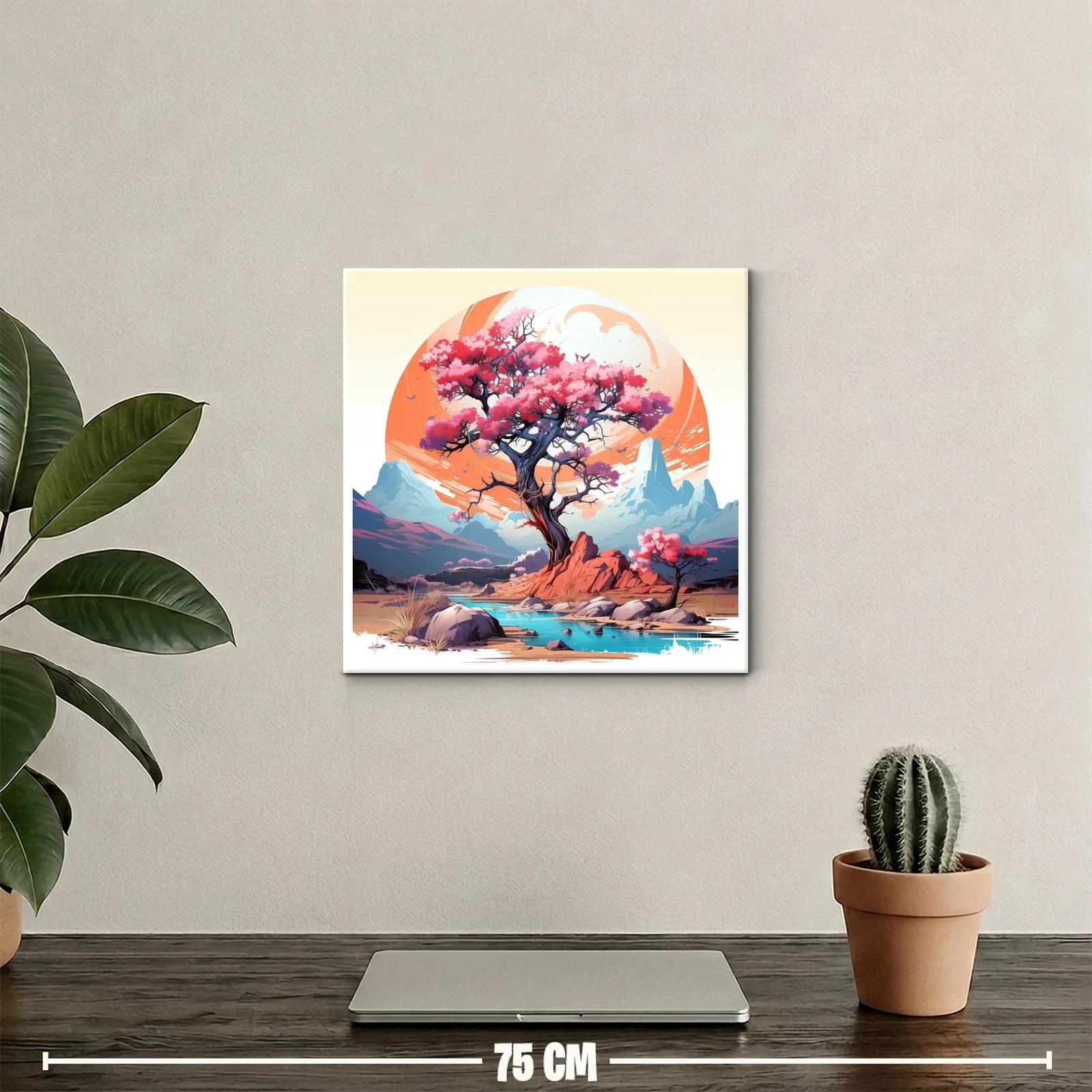 Árbol rosa en paisaje de montaña con río sereno — miniatura 2