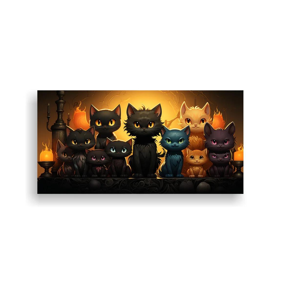 Cuadro grupo de gatos negros con velas encendidas