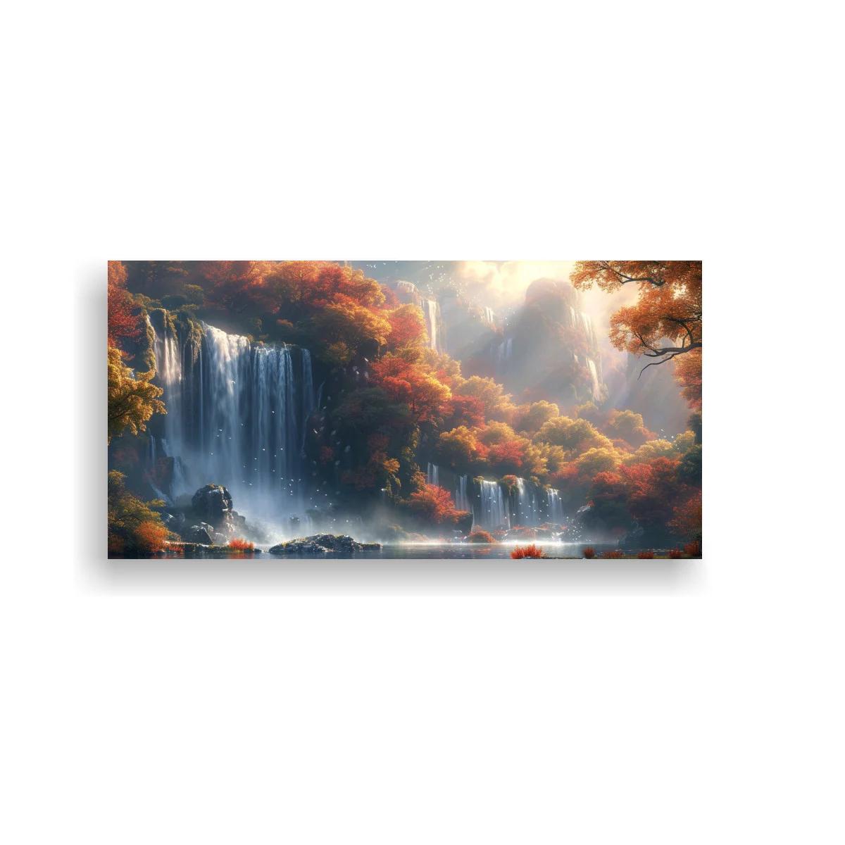 Cuadro cascada en bosque otoñal con luz plateada