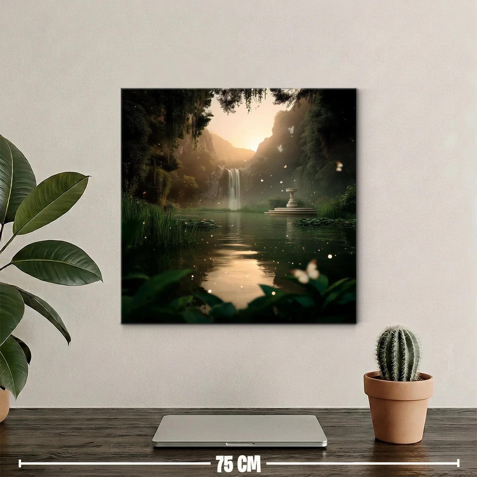 Paisaje místico con cascada y mariposas al atardecer — miniatura 2