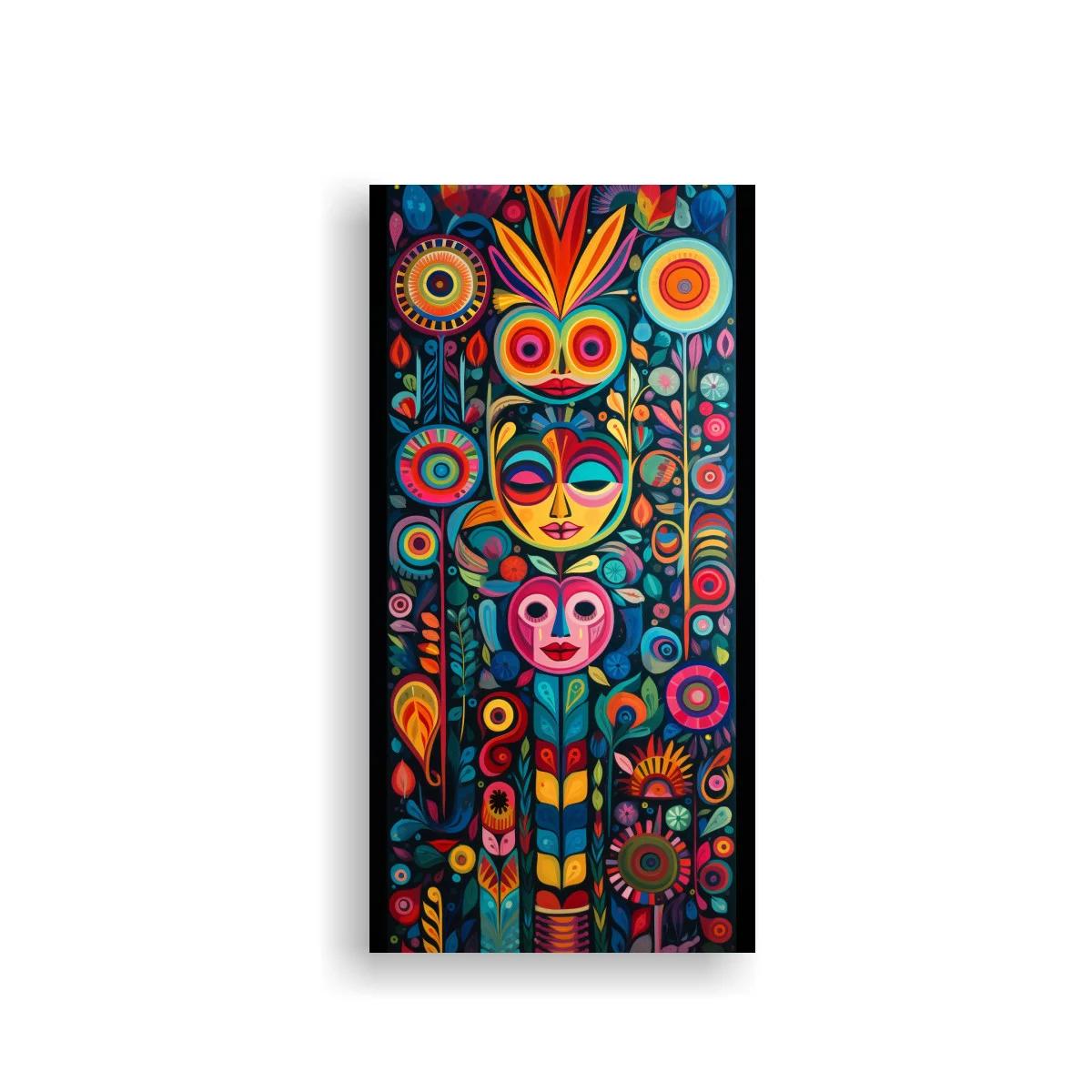 Cuadro máscara tribal colorida con flores y tótem facial