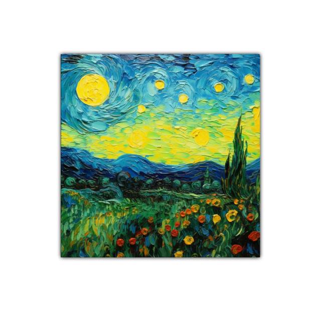 Paisaje nocturno vibrante con cielo estrellado y campo florido