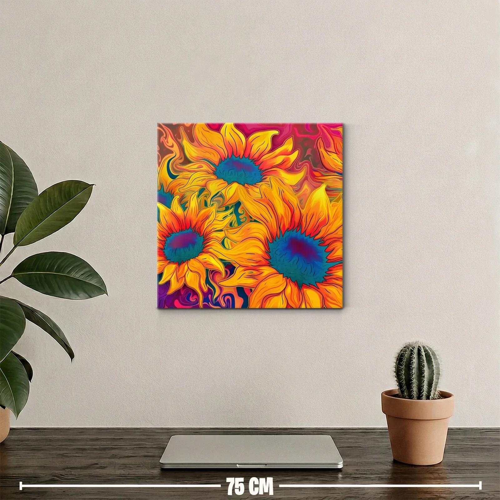 Cuadro vibrante con girasoles en tonos cálidos y contrastes azules — miniatura 2