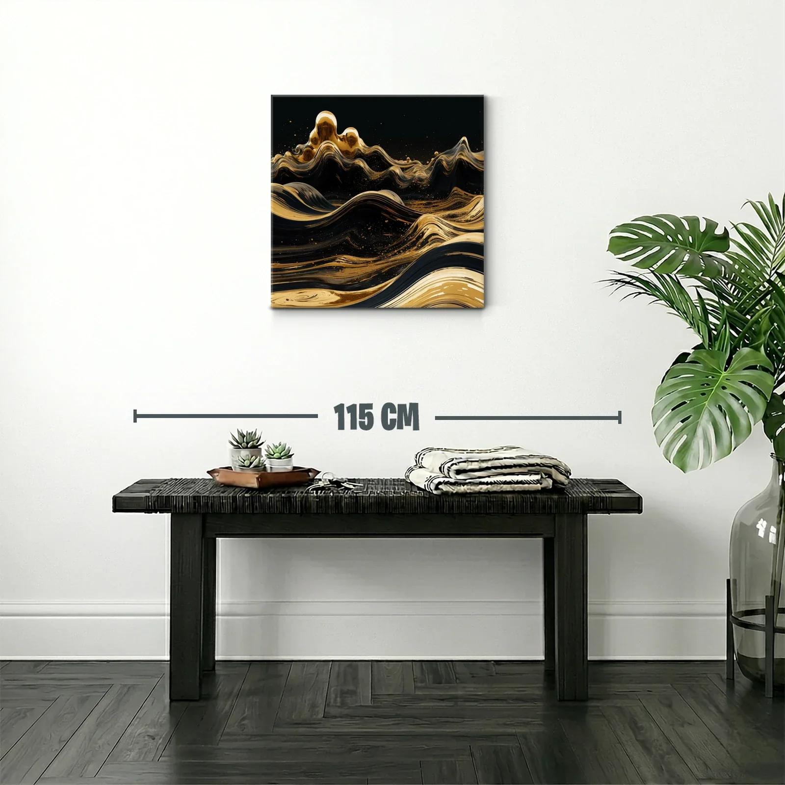 Cuadro abstracto con olas doradas sobre fondo negro — miniatura 2