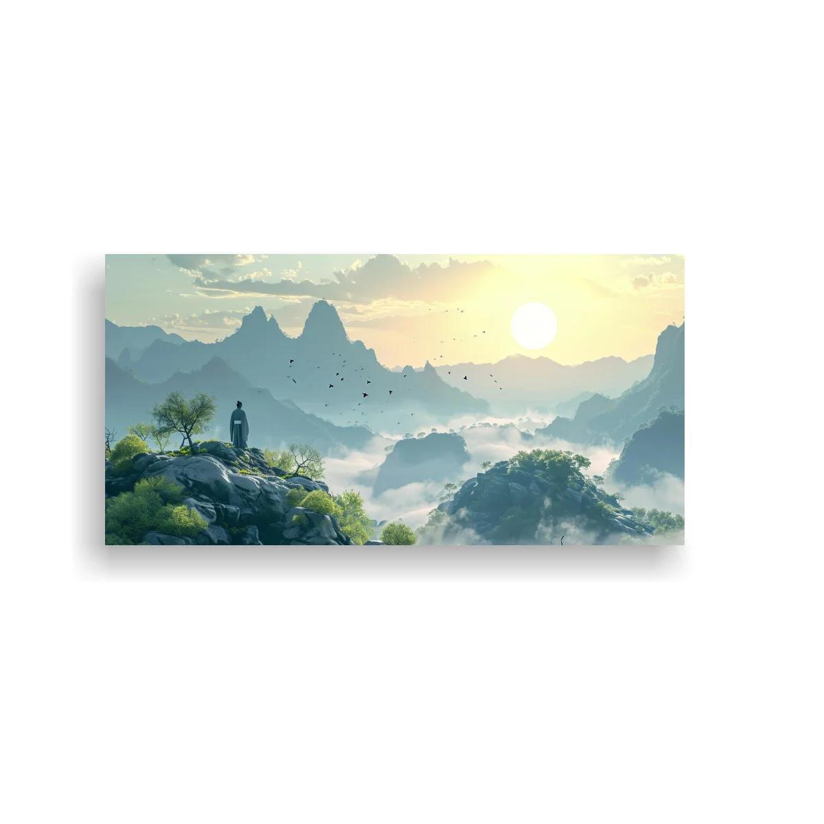 Cuadro paisaje de montañas con niebla y figura humana pequeña — imagen principal