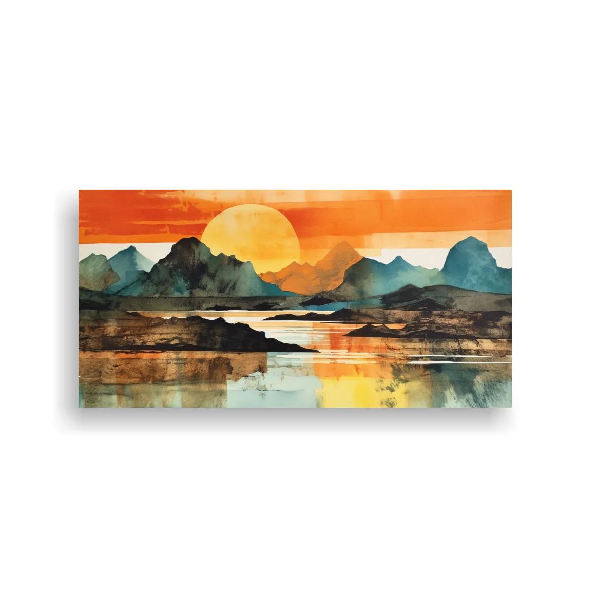 Cuadro paisaje de montañas con gran sol amarillo y lago