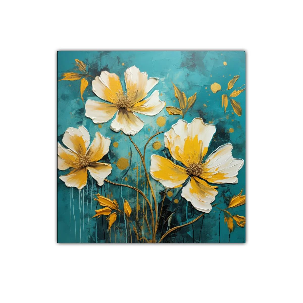 Cuadro floral moderno en tonos cálidos y fondo azul profundo — imagen principal