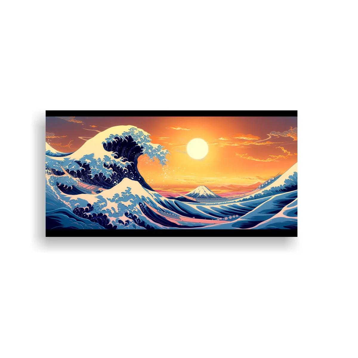 Cuadro gran ola japonesa con monte Fuji y sol