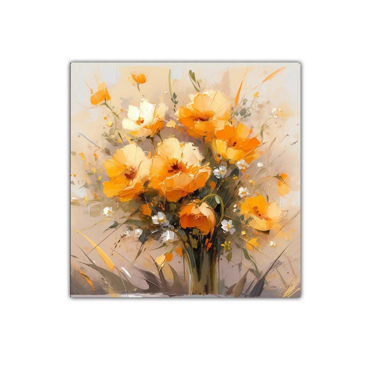Cuadro decorativo con ramo de flores vibrantes y cálidas