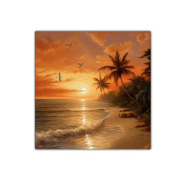 Atardecer tropical con palmeras y vuelo de aves sobre la playa