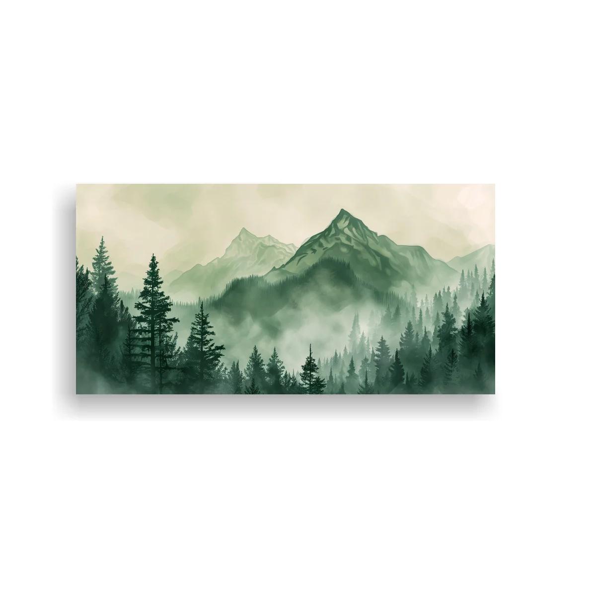 Cuadro montañas entre niebla con abetos