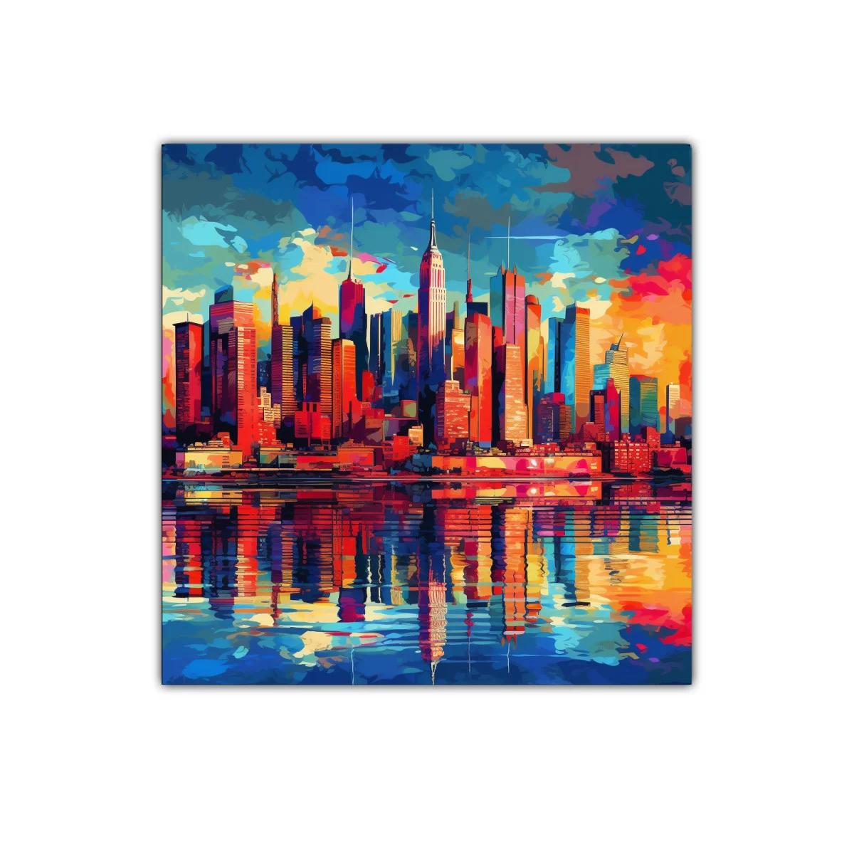 Ciudad vibrante con reflejos al atardecer en tonos intensos