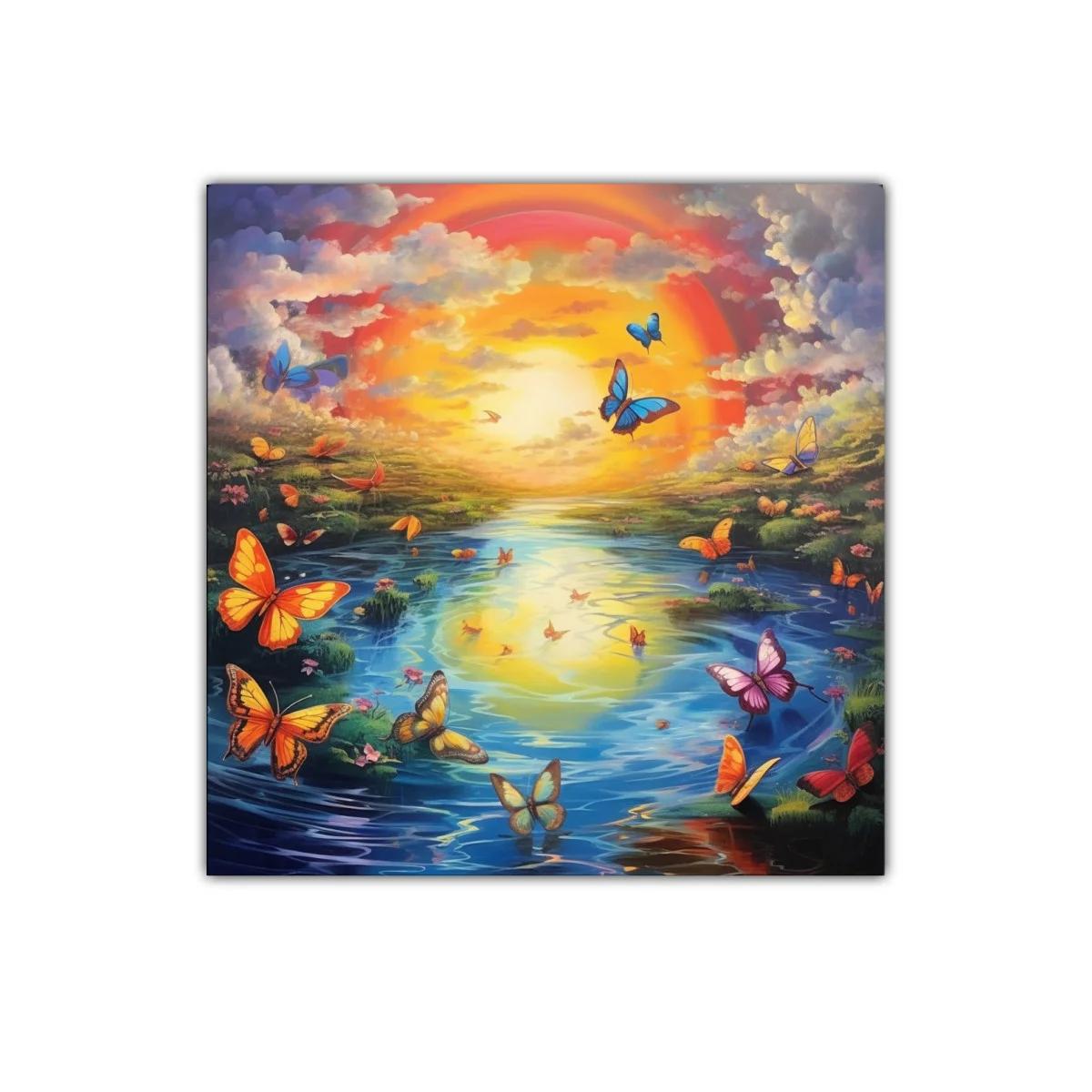 Paisaje onírico con mariposas y atardecer vibrante