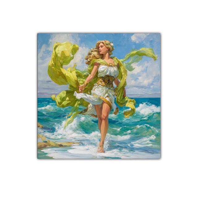 Figura femenina en movimiento junto al mar con tonos vivos
