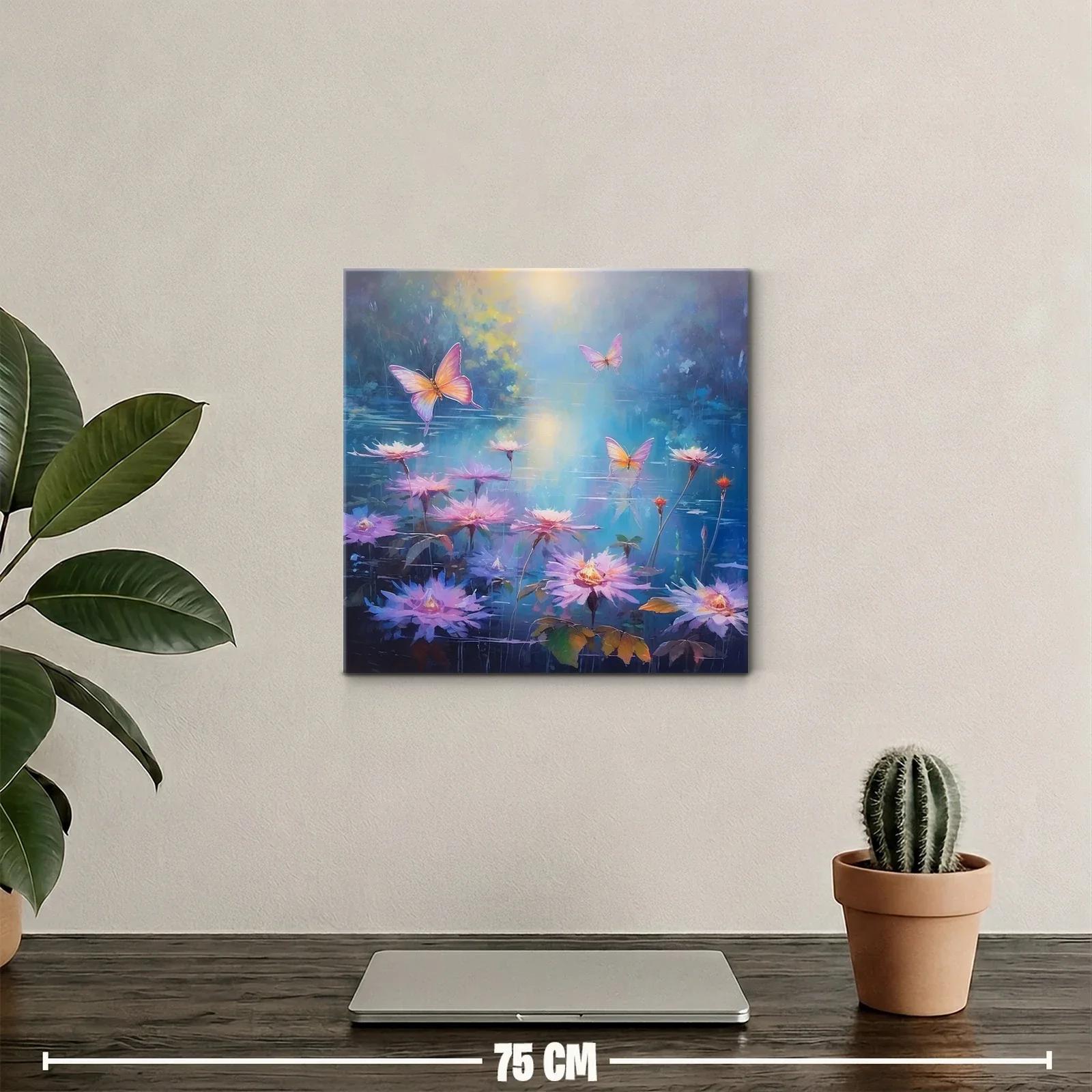Cuadro con mariposas rosas sobre flores en calma acuática — miniatura 2