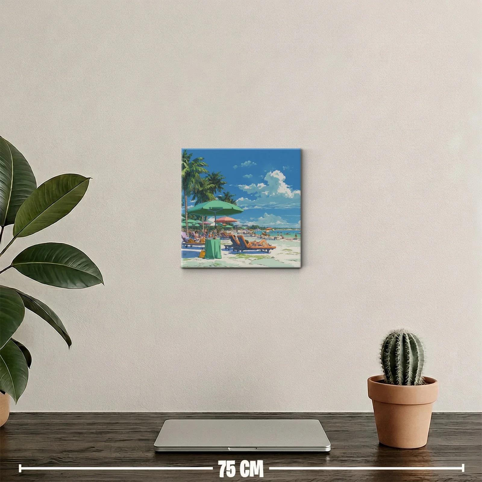 Escena playera con palmeras y sombrillas coloridas — miniatura 2