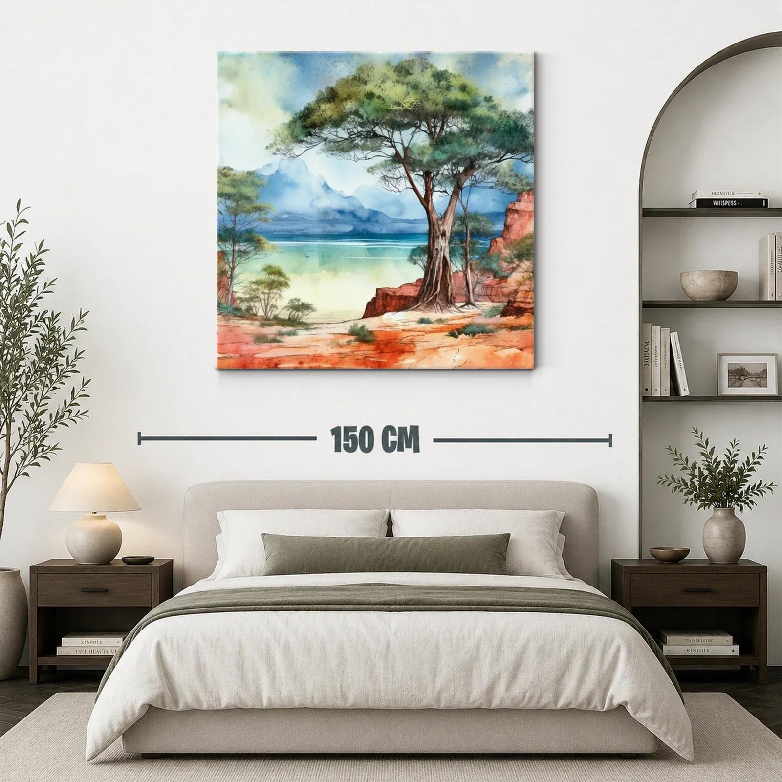 Paisaje natural con árbol y costa azul en tonos cálidos — miniatura 3