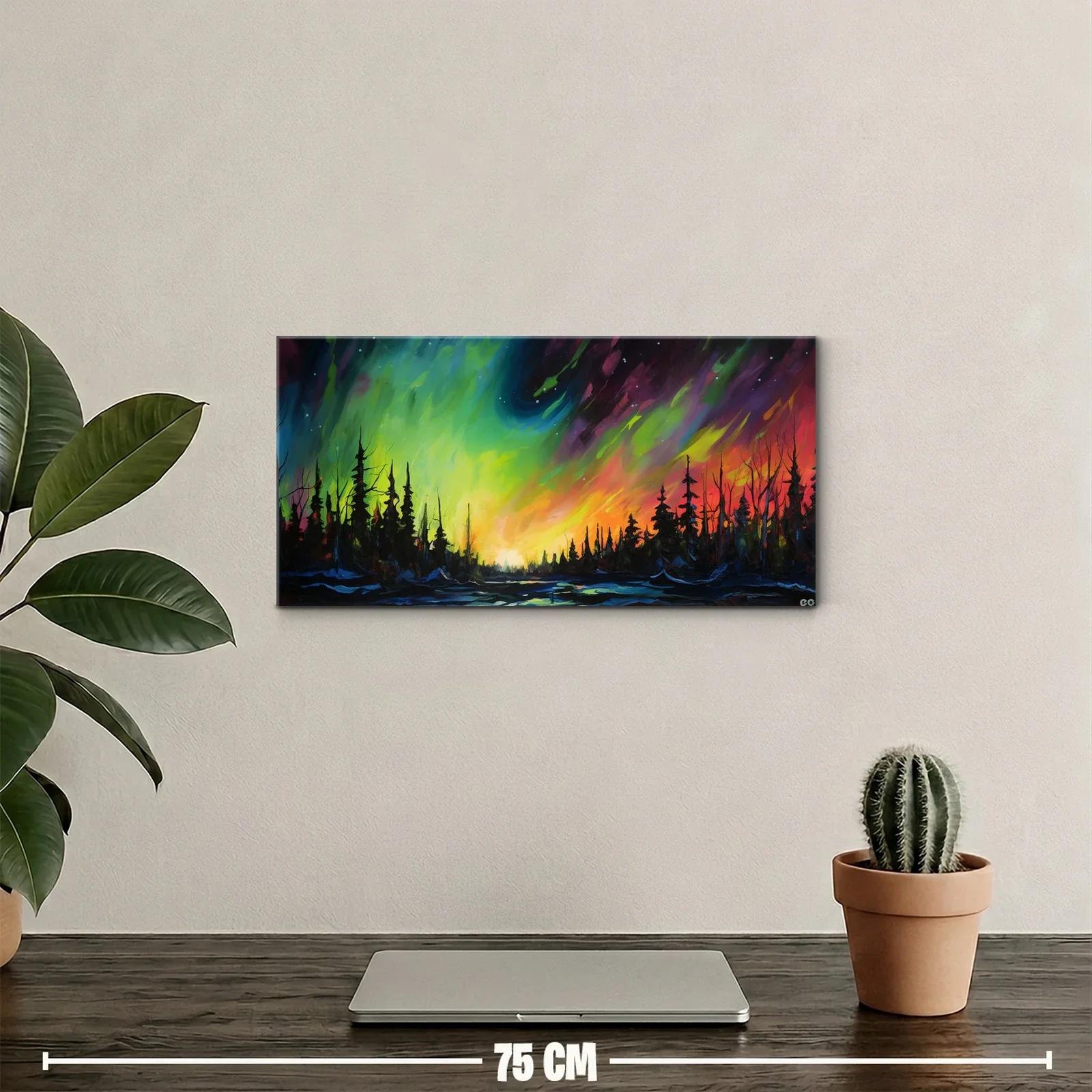 Cuadro aurora boreal sobre bosque de pinos — miniatura 2