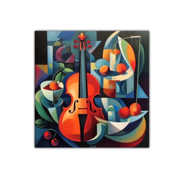 Cuadro decorativo con violín y cerezas en estilo cubista