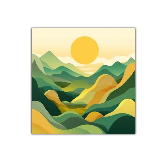 Paisaje abstracto con montañas y sol amarillo vibrante