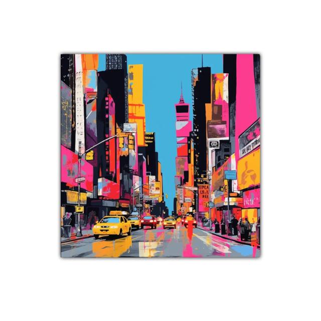 Atardecer urbano con vibrantes luces y taxis amarillos