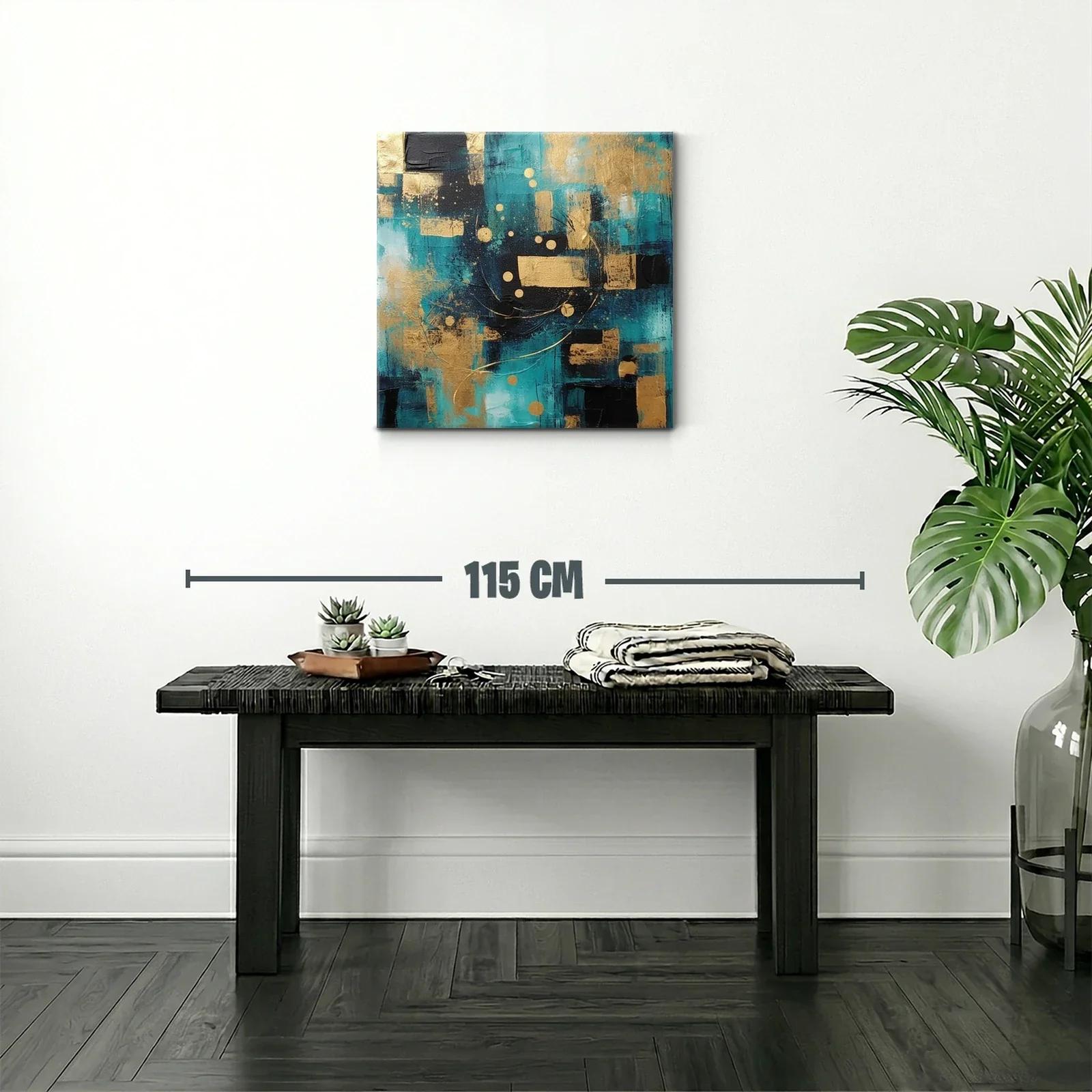 Cuadro abstracto con tonos azul turquesa y dorado — miniatura 2