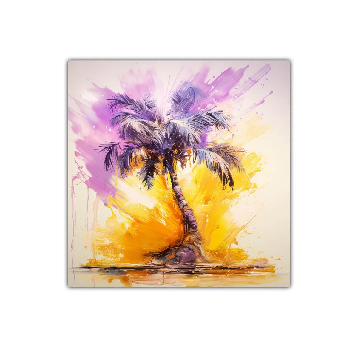 Palmera vibrante con explosión de colores cálidos y violetas