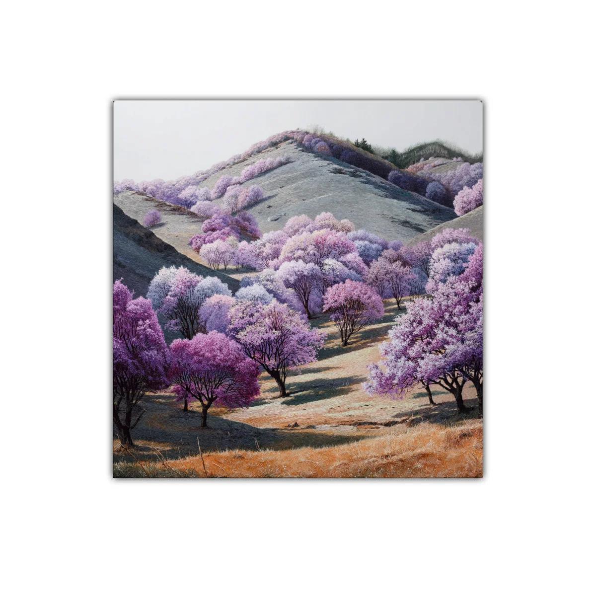 Paisaje sereno con árboles en tonos lila y rosa