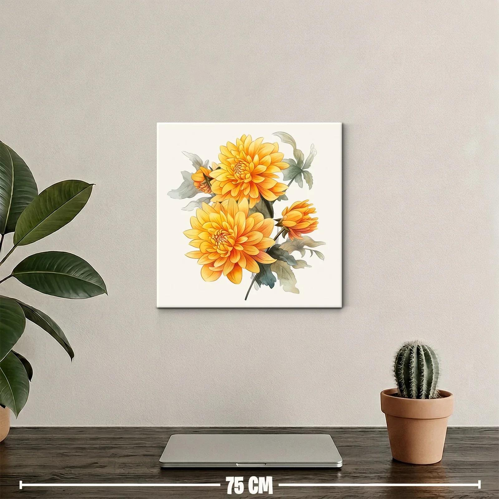 Cuadro floral con dalias en tonos cálidos y hojas verdes — miniatura 2