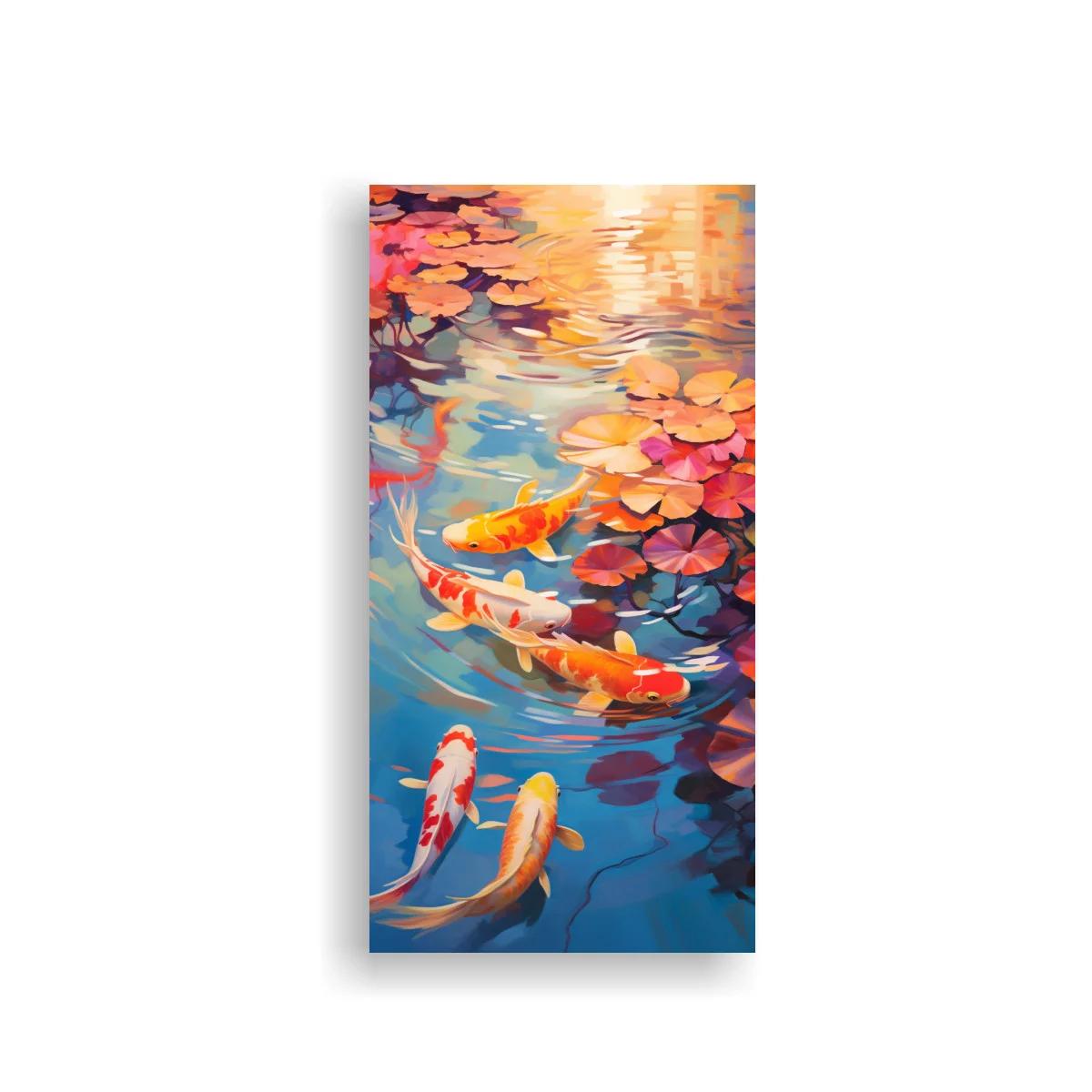 Cuadro peces koi naranjas y blancos con reflejos cálidos